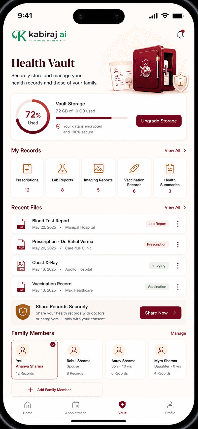 Health Vault screen