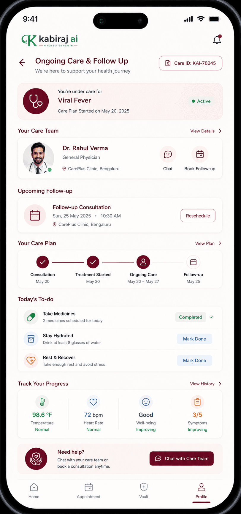 Ongoing care follow up screen